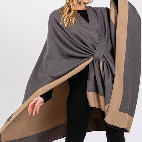 Two Tone Pull Through Shawl Ruana - Grey