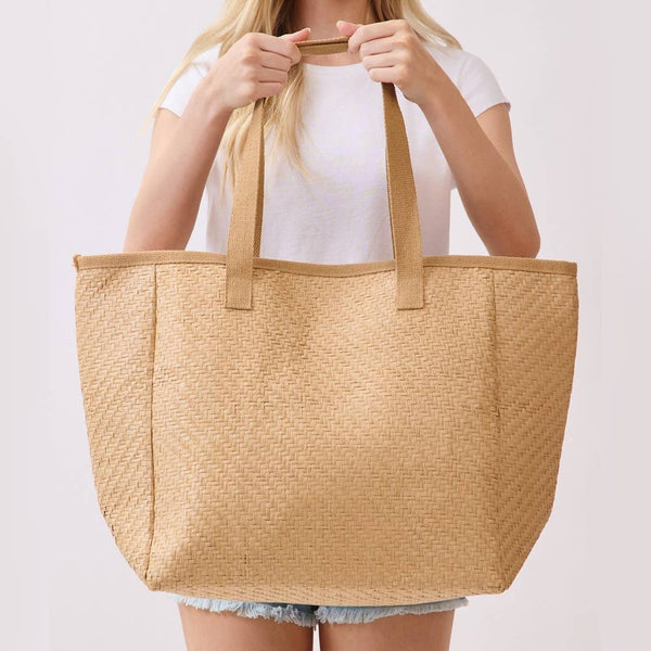 Natural Large Straw Woven Tote Bag - Taupe