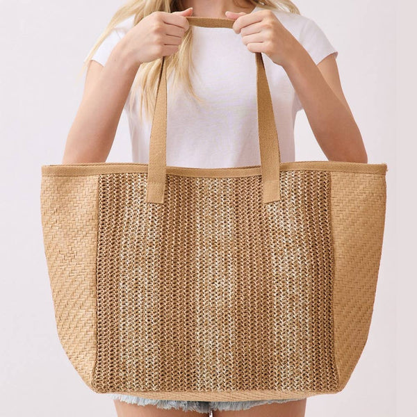 Natural Large Straw Woven Tote Bag - Taupe