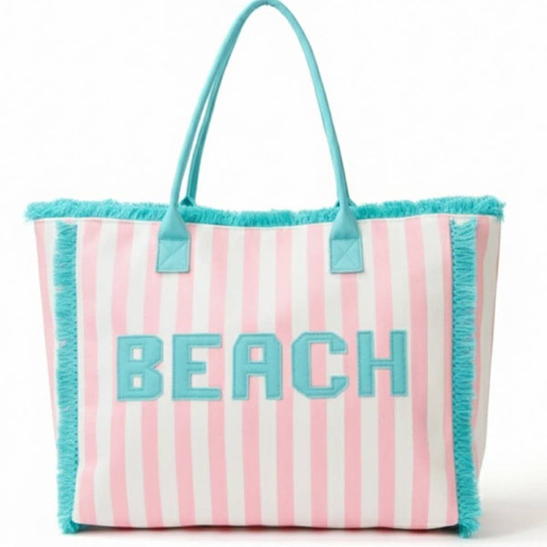 Beach Print Striped Tote Bag: YE