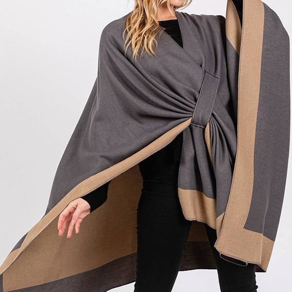 Two Tone Pull Through Shawl Ruana - Black