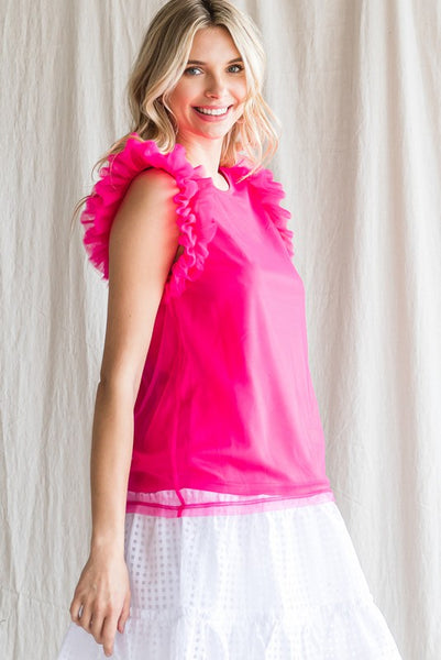Phoebe Tulle Shoulder Top - Hot Pink
