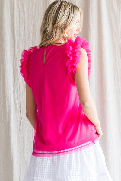 Phoebe Tulle Shoulder Top - Hot Pink