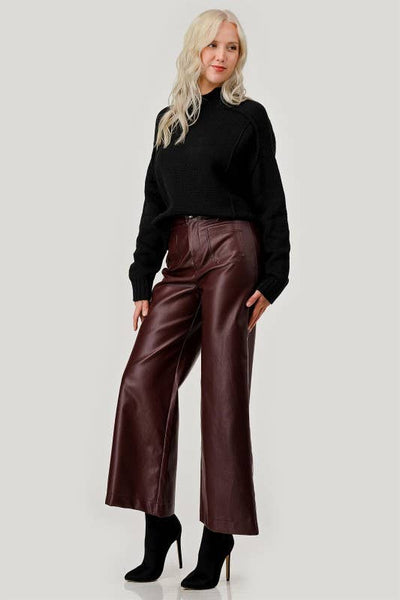 Faux Leather Wide-Leg Pants - Chocolate