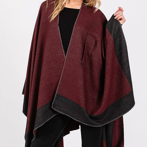 Two Tone Pull Through Shawl Ruana - Burgundy