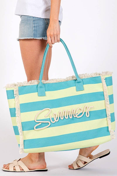 Striped Fringe Trim Summer Print Tote Bag: RBPK