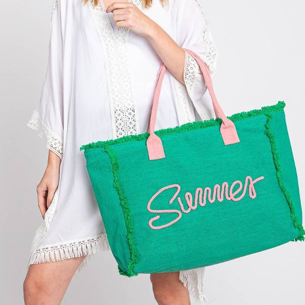 Embroidered Summer Print Fringe Tote Bag: PU