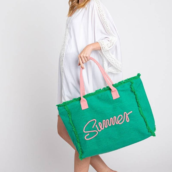 Embroidered Summer Print Fringe Tote Bag: PU