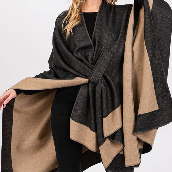Two Tone Pull Through Shawl Ruana - Burgundy
