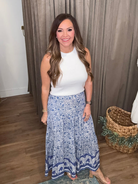 Block Printed Tiered Cotton Skirt - Blue/White