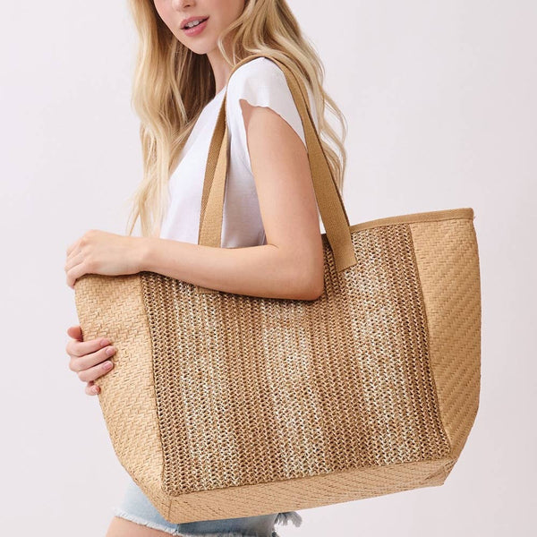 Natural Large Straw Woven Tote Bag - Taupe