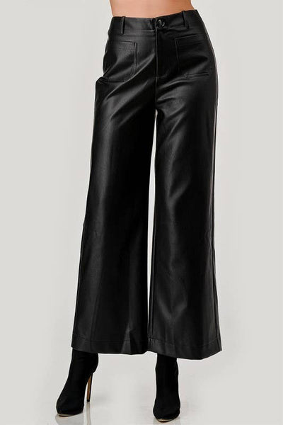 Faux Leather Wide-Leg Pants - Black