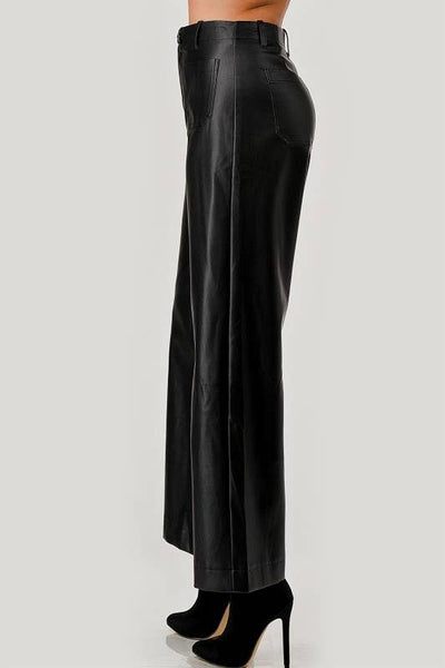 Faux Leather Wide-Leg Pants - Black
