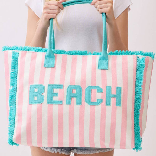 Beach Print Striped Tote Bag: YE