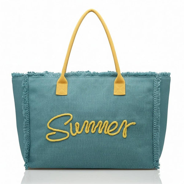 Embroidered Summer Print Fringe Tote Bag: PU