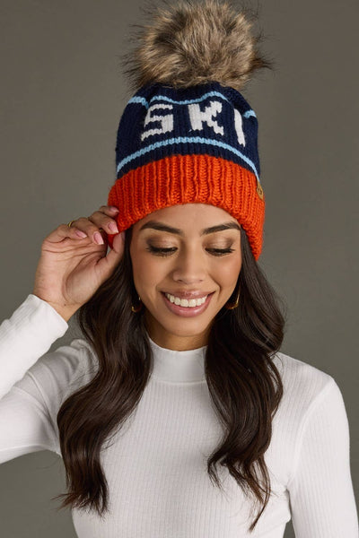 Orange, Navy & Light Blue Ski Pom Hat