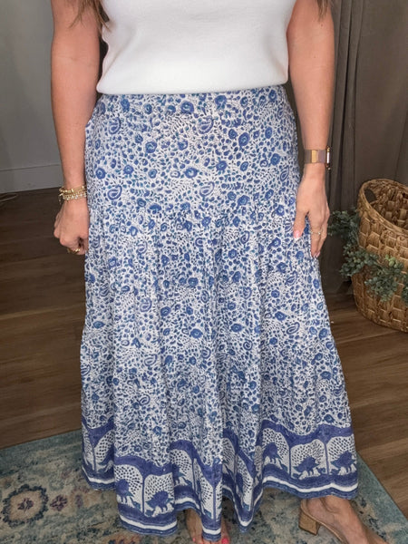 Block Printed Tiered Cotton Skirt - Blue/White