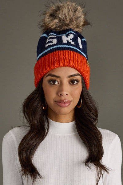 Orange, Navy & Light Blue Ski Pom Hat