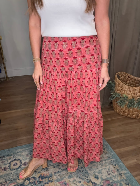 Block Printed Tiered Cotton Skirt - Coral 