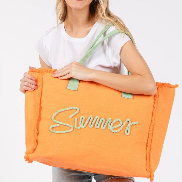 Embroidered Summer Print Fringe Tote Bag: PU