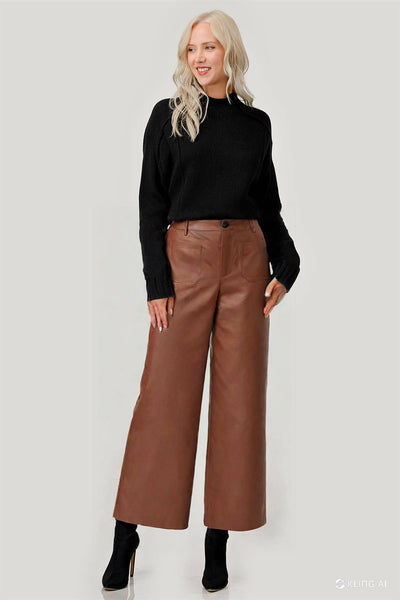 Faux Leather Wide-Leg Pants - Chocolate