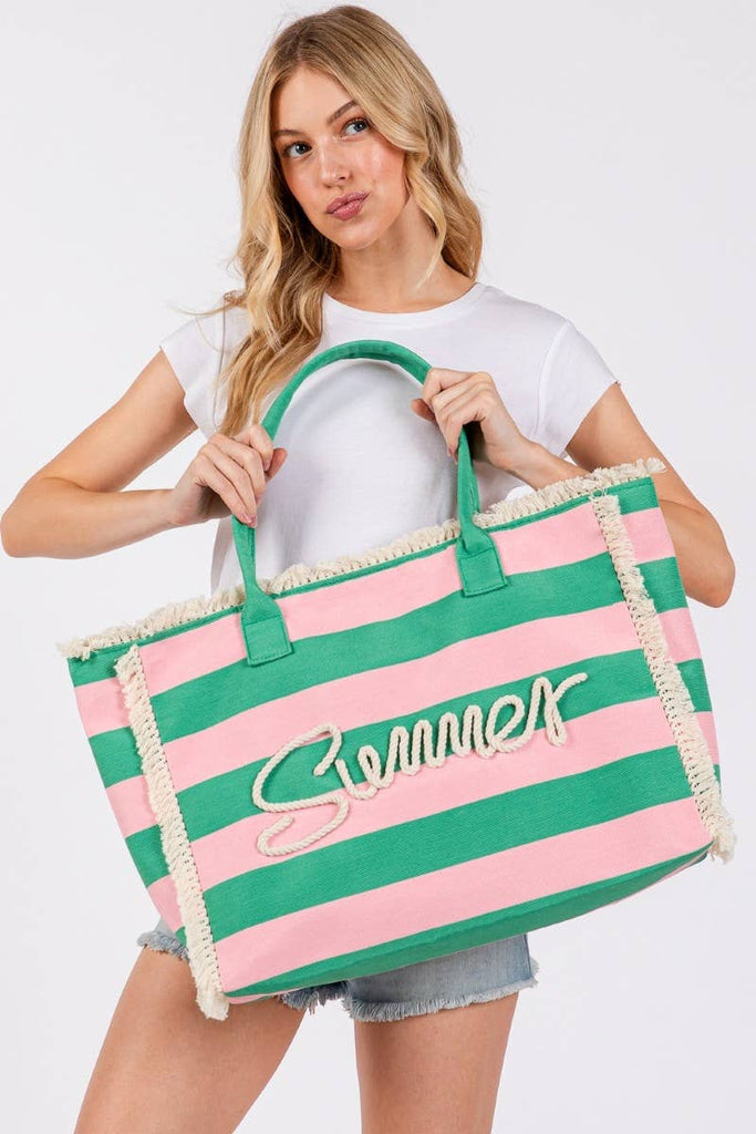 Striped Fringe Trim Summer Print Tote Bag: PKGN