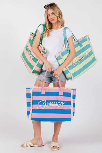 Striped Fringe Trim Summer Print Tote Bag: BLLM
