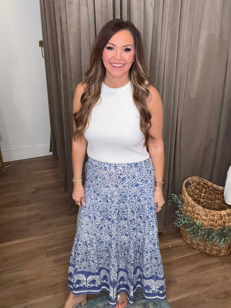 Block Printed Tiered Cotton Skirt - Blue/White
