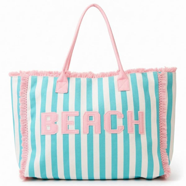 Beach Print Striped Tote Bag: YE