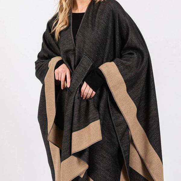 Two Tone Pull Through Shawl Ruana - Burgundy