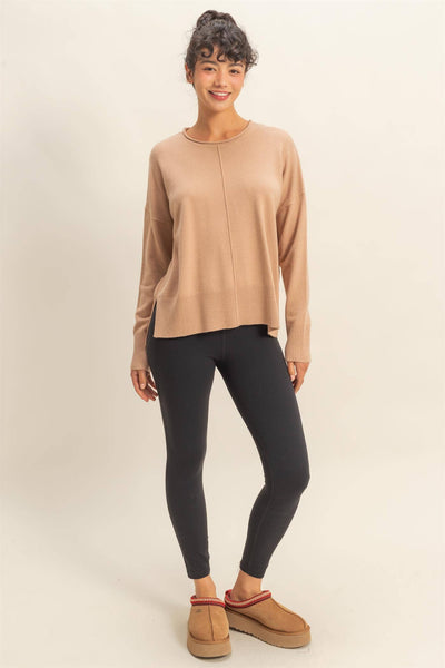 Round Roll Neck Drop Shoulder Sweater - Camel