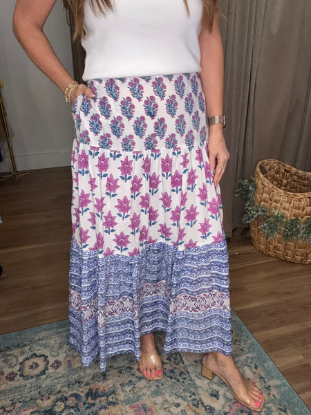 Block Printed Tiered Cotton Skirt - Navy/Pink