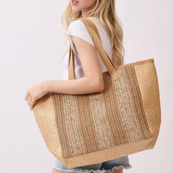 Natural Large Straw Woven Tote Bag - Taupe