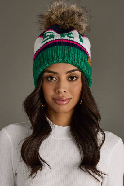 Green, Navy & Pink Ski Pom Hat