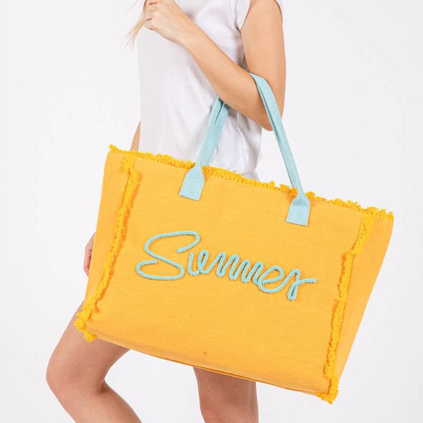 Embroidered Summer Print Fringe Tote Bag: PU
