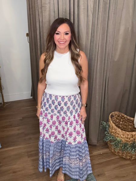 Block Printed Tiered Cotton Skirt - Navy/Pink