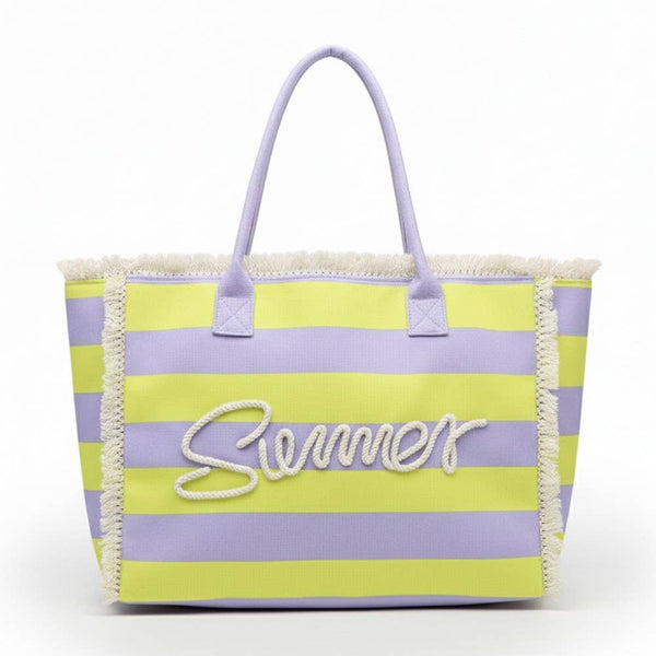 Striped Fringe Trim Summer Print Tote Bag: PKGN