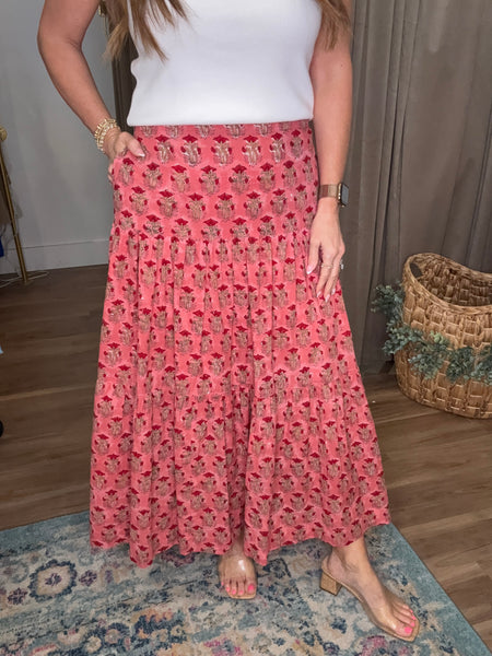 Block Printed Tiered Cotton Skirt - Coral 
