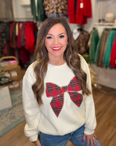 Sleigh The Day Plaid Bow Sweatshirt