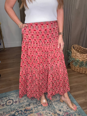Block Printed Tiered Cotton Skirt - Coral 
