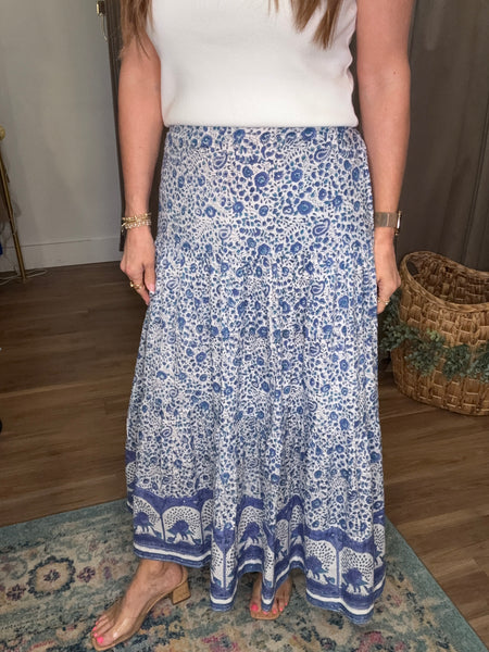 Block Printed Tiered Cotton Skirt - Blue/White