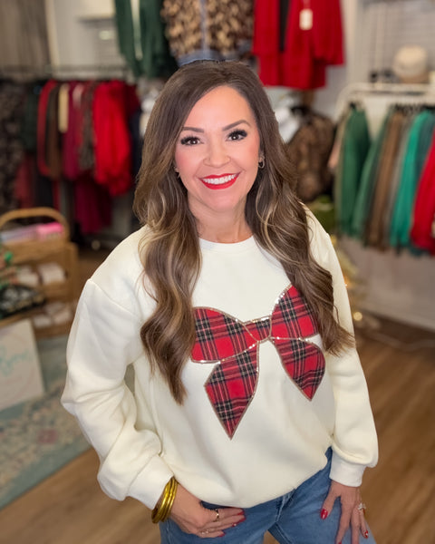 Sleigh The Day Plaid Bow Sweatshirt