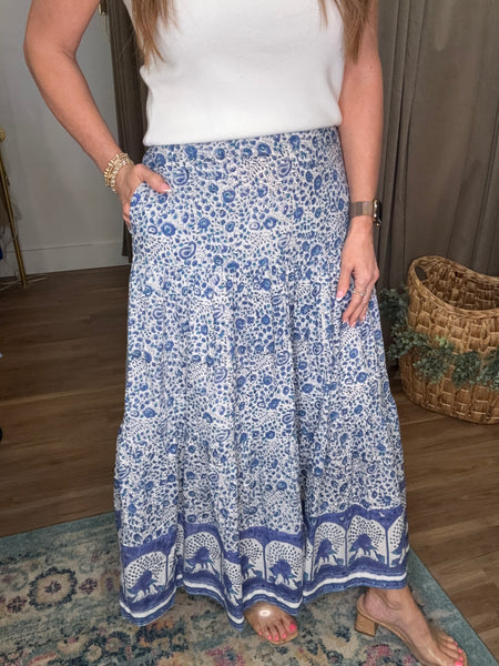 Block Printed Tiered Cotton Skirt - Blue/White