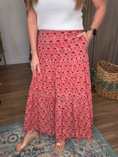 Block Printed Tiered Cotton Skirt - Coral 