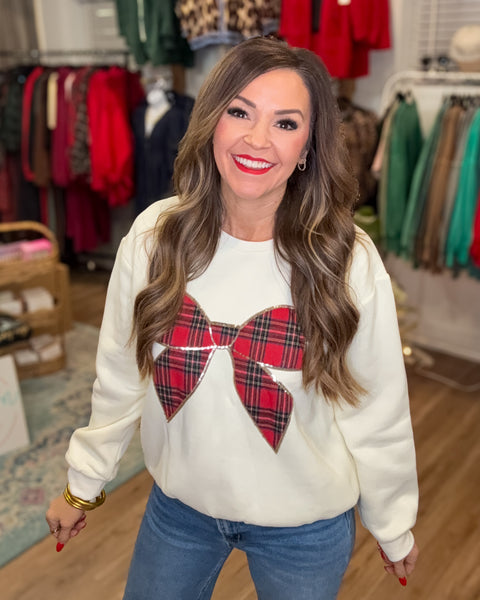 Sleigh The Day Plaid Bow Sweatshirt