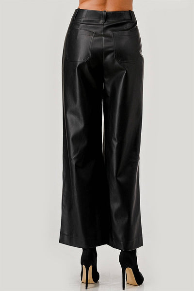 Faux Leather Wide-Leg Pants - Black