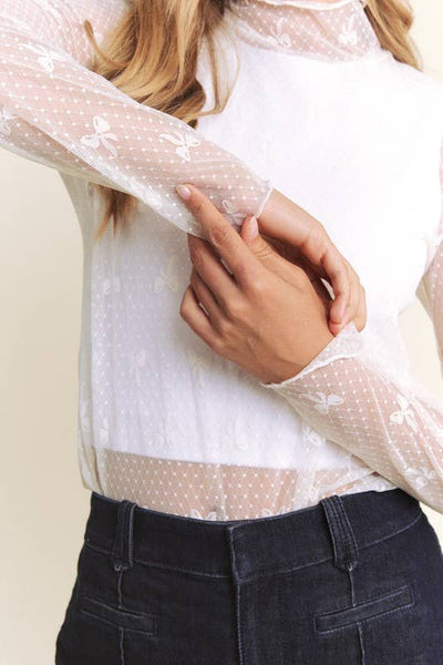 Lace Bow Mock Neck Top - White