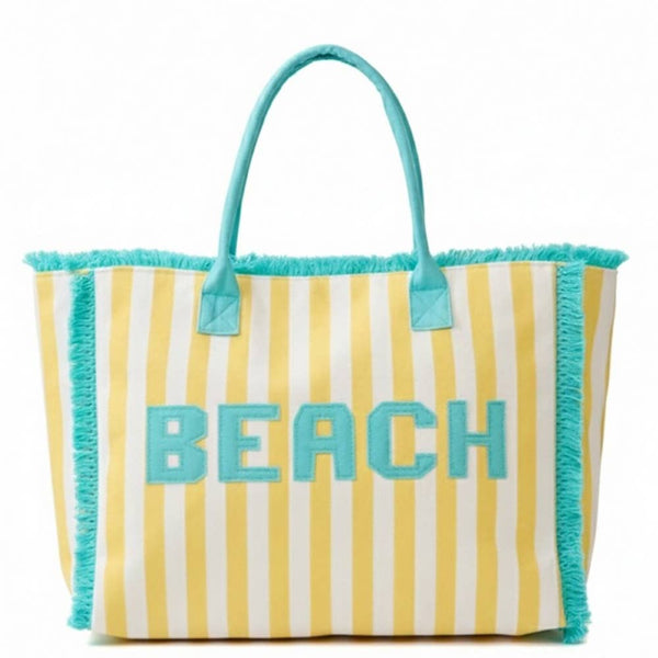 Beach Print Striped Tote Bag: YE