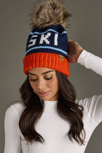 Orange, Navy & Light Blue Ski Pom Hat