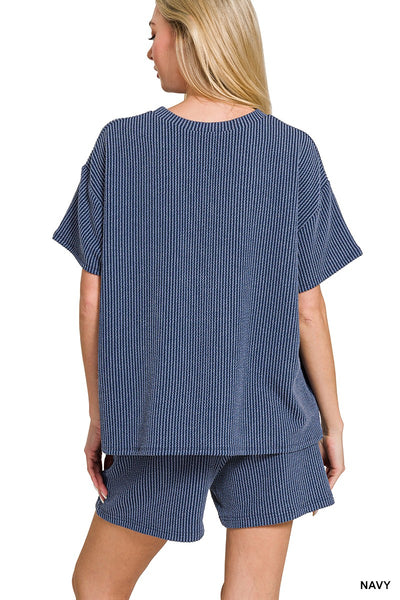 Lois Ribbed Shorts Set - Navy
